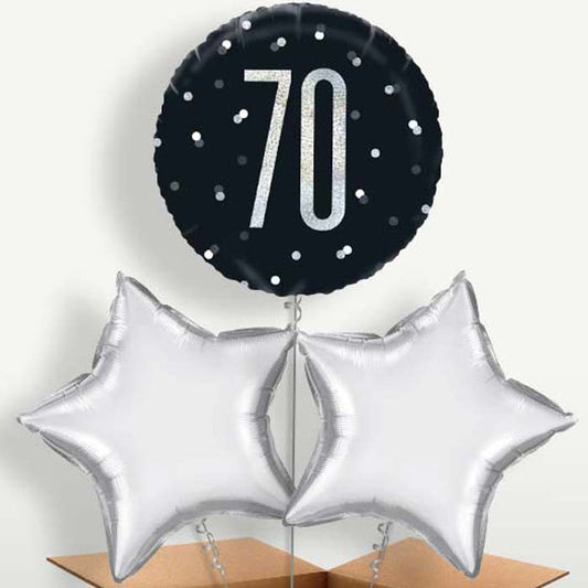 Black & Silver 70th Bunch of Balloons inflated with Helium | Small Indoor Plants