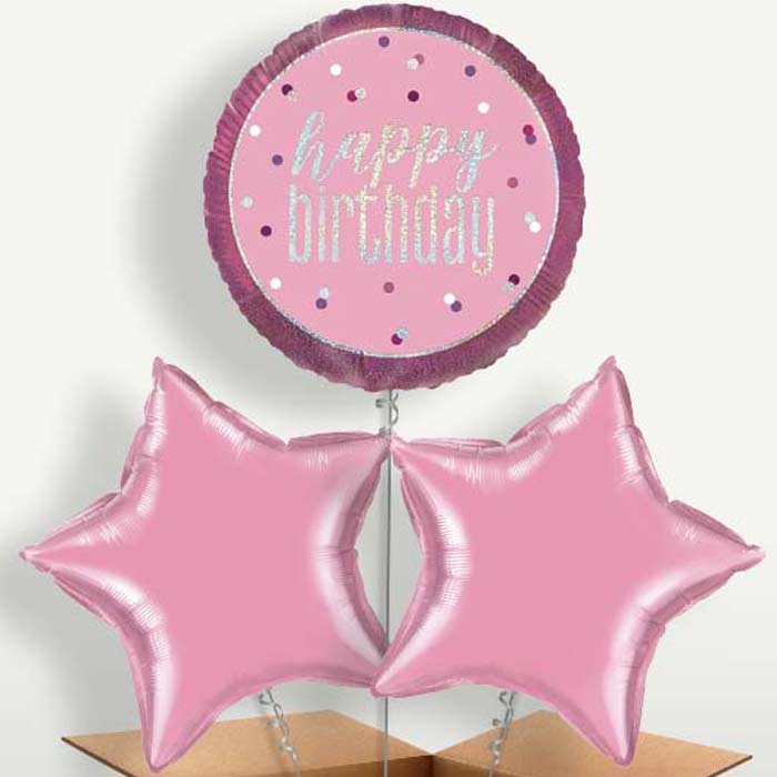 Pink & Silver Holographic Happy Birthday Balloon Bunch | Small Indoor Plants