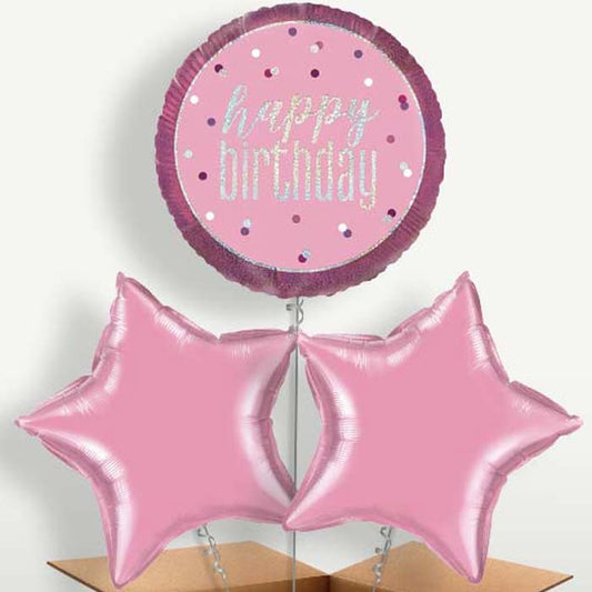Pink & Silver Holographic Happy Birthday Balloon Bunch | Small Indoor Plants