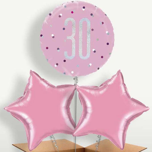 Pink & Silver 30th Balloon Bunch inflated with Helium | Small Indoor Plants