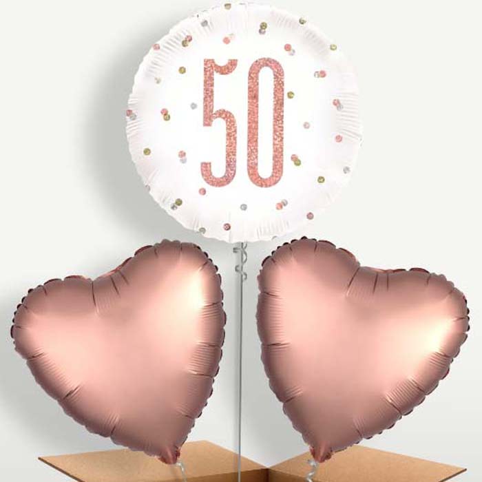 Rose Gold Holographic 50th Birthday Trio Balloon Bunch | Small Indoor Plants