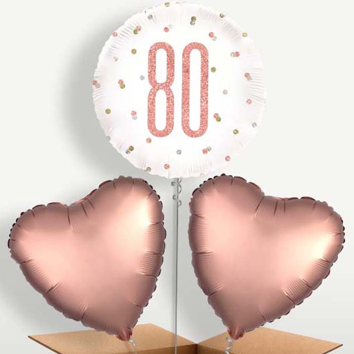 Rose Gold Holographic 80th Birthday Trio Balloon Bunch | Small Indoor Plants