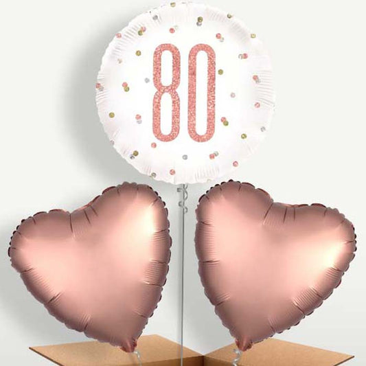 Rose Gold Holographic 80th Birthday Trio Balloon Bunch | Small Indoor Plants