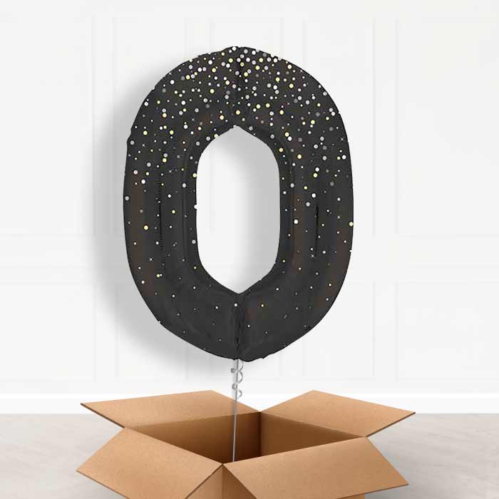 Black and Silver Dots Number 0 Balloon in a Box