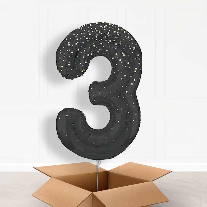 Black and Silver Dots Number 3 Balloon in a Box