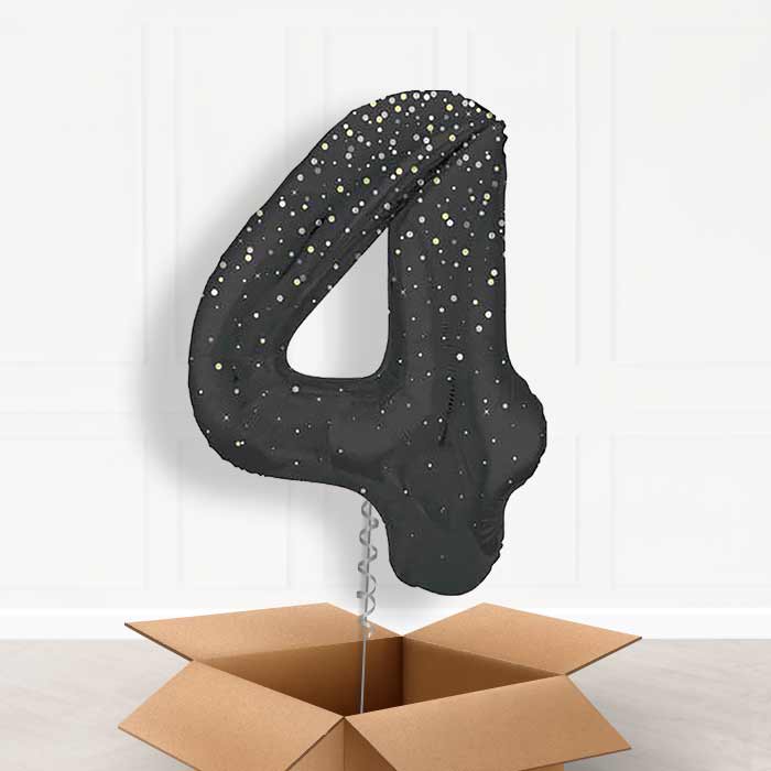 Black and Silver Dots Number 4 Balloon in a Box