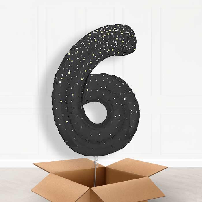 Black and Silver Dots Number 6 Balloon in a Box