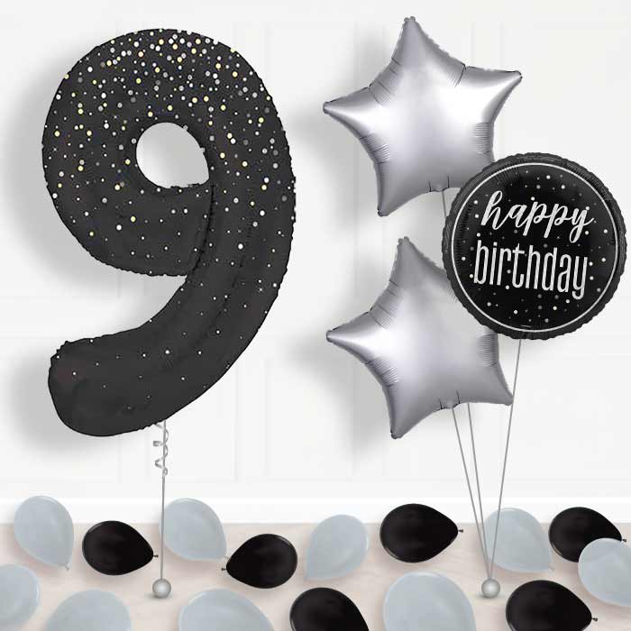 Black and Silver Dots Number 9 Balloon in a Box