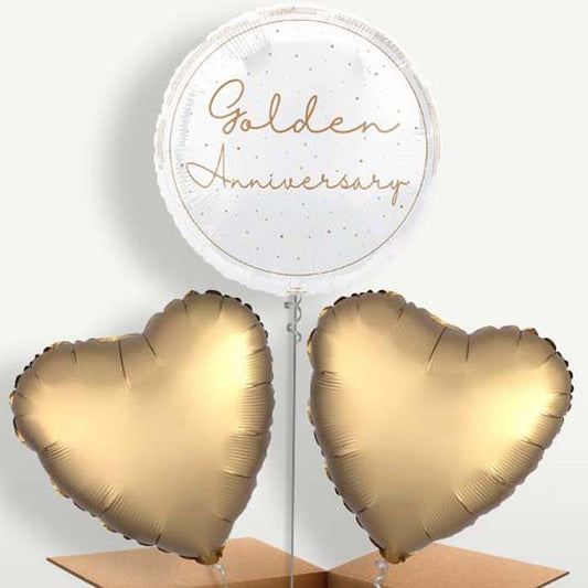 Golden Anniversary Trio Balloon Bunch inflated with Helium | Small Indoor Plants