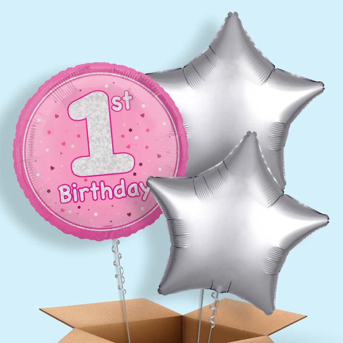 Pink and Silver 1st Birthday Foil Balloon in a Box