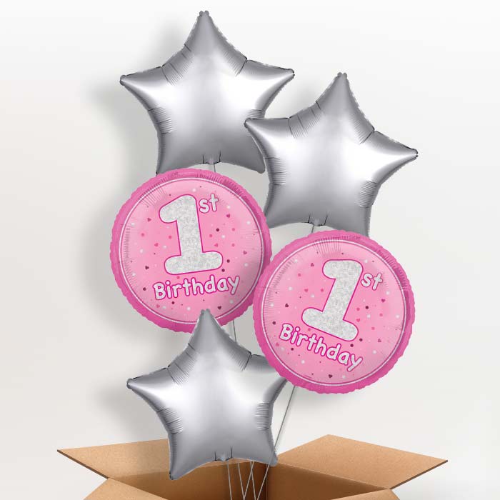 Pink and Silver 1st Birthday Foil Balloon in a Box