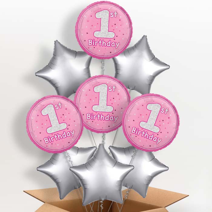 Pink and Silver 1st Birthday Foil Balloon in a Box