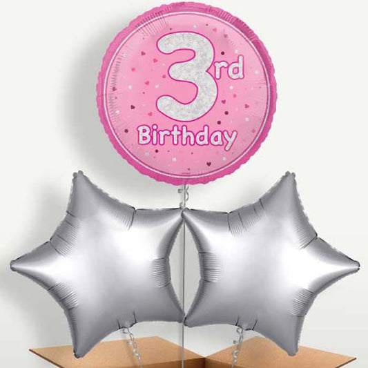Pink & Silver 3rd Birthday Balloon Bunch | Small Indoor Plants