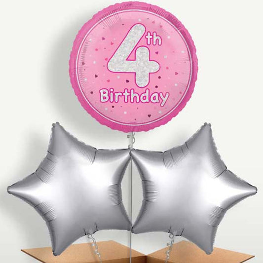 Pink & Silver 4th Birthday Balloon Bunch | Small Indoor Plants