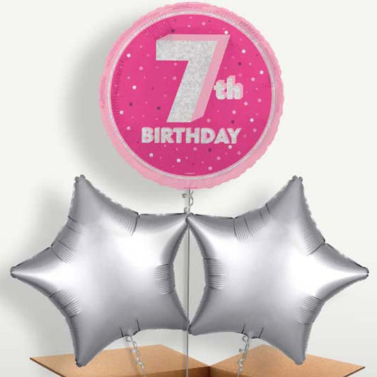 Hot Pink & Silver 7th Birthday Balloons in a Bunch | Small Indoor Plants