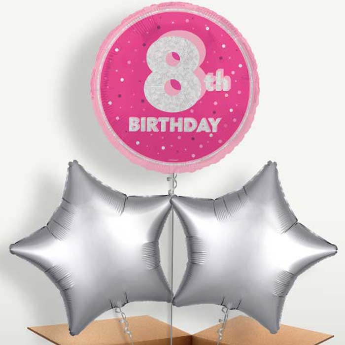 Hot Pink & Silver 8th Birthday Balloons in a Bunch | Small Indoor Plants