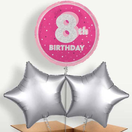 Hot Pink & Silver 8th Birthday Balloons in a Bunch | Small Indoor Plants
