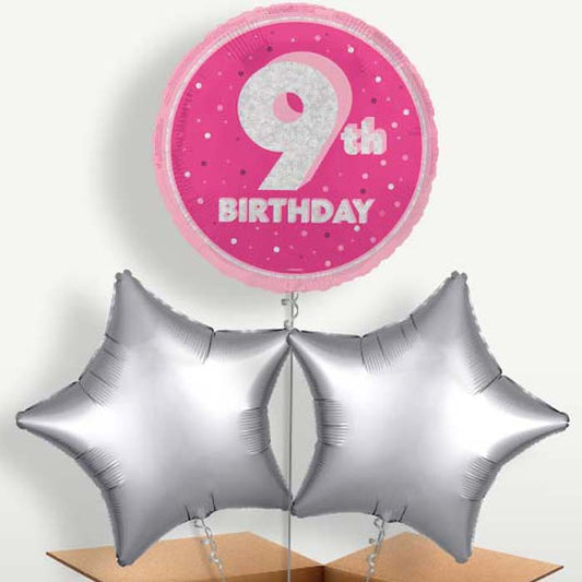 Hot Pink & Silver 9th Birthday Balloons in a Bunch | Small Indoor Plants