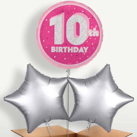 Hot Pink & Silver 10th Birthday Balloons in a Bunch | Small Indoor Plants