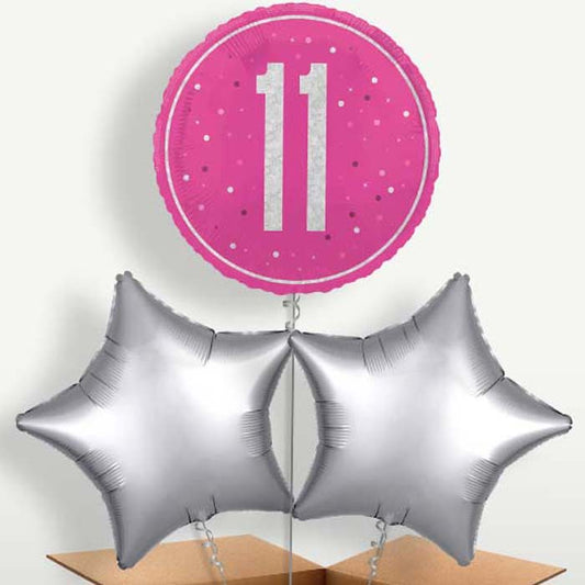 Hot Pink & Silver 11th Birthday Balloons in a Bunch | Small Indoor Plants