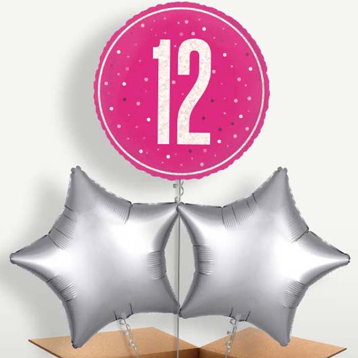Hot Pink & Silver 12th Birthday Balloons in a Bunch | Small Indoor Plants