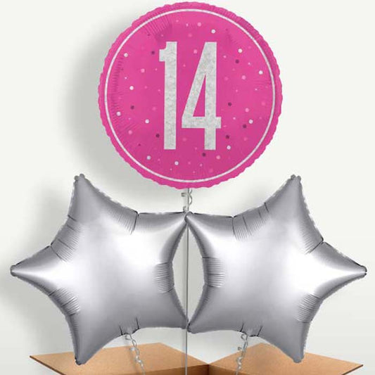 Hot Pink & Silver 14th Birthday Balloons in a Bunch | Small Indoor Plants