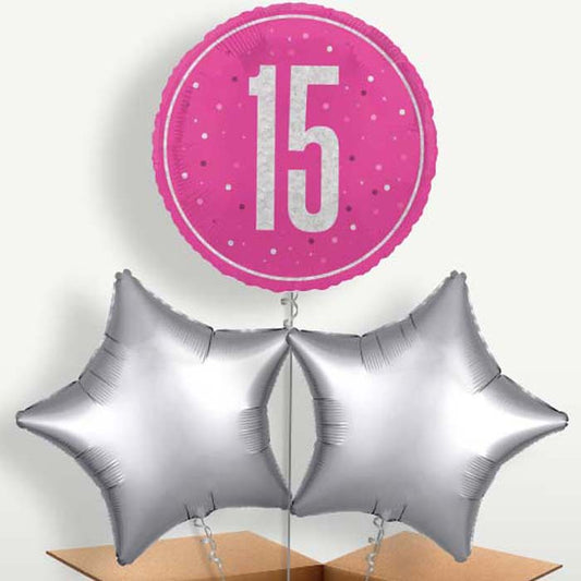 Hot Pink & Silver 15th Birthday Balloons in a Bunch | Small Indoor Plants