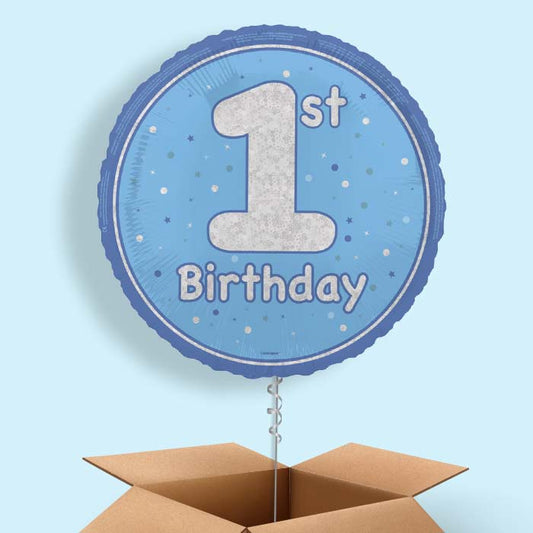 Blue and Silver 1st Birthday Foil Balloon in a Box