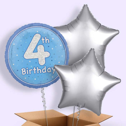 Blue and Silver 4th Birthday Foil Balloon in a Box - 3 Balloon | Small Indoor Plants