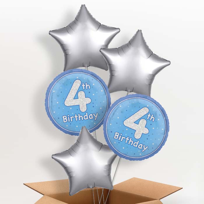 Blue and Silver 4th Birthday Foil Balloon in a Box - 5 Balloon | Small Indoor Plants