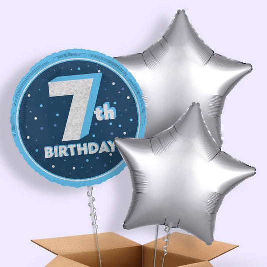 Navy Blue and Silver 7th Birthday Foil Balloon in a Box - 3 Balloon | Small Indoor Plants