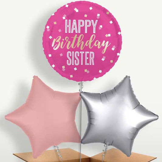 Hot Pink Happy Birthday Sister Balloon Bunches | Small Indoor Plants