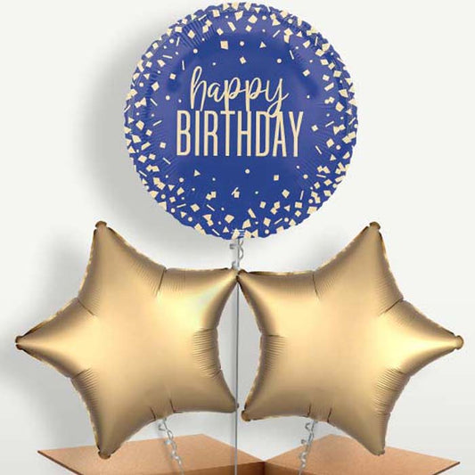 Navy Blue & Gold Confetti Happy Birthday Balloon Bunches | Small Indoor Plants