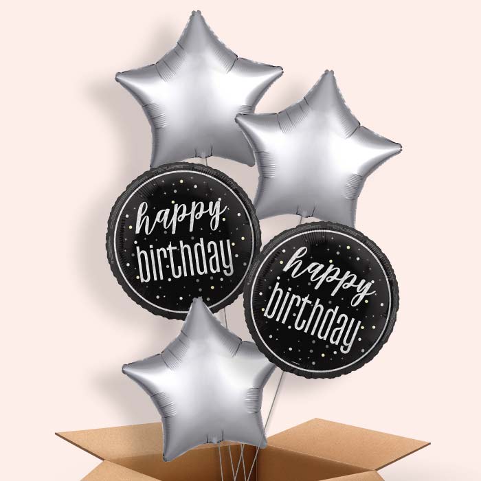 Black and Silver Happy Birthday Foil Balloon in a Box - 5 Balloon | Small Indoor Plants