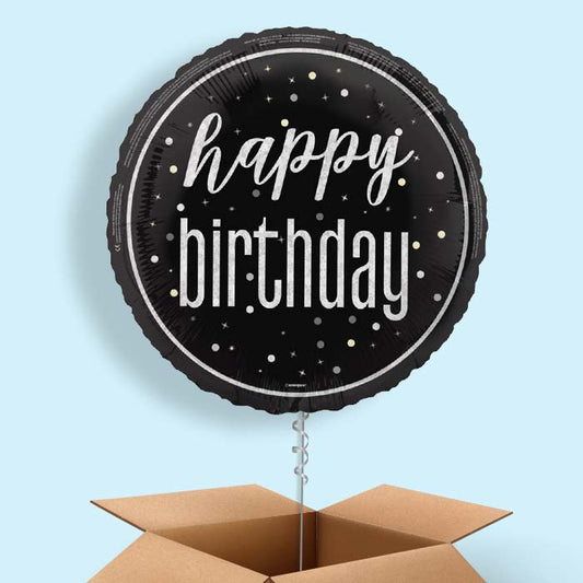 Black and Silver Happy Birthday Foil Balloon in a Box