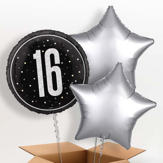 Black and Silver 16th Birthday Foil Balloon in a Box - 3 Balloon | Small Indoor Plants