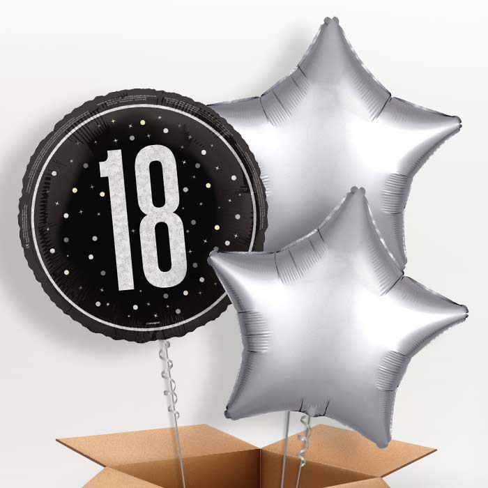 Black and Silver 18th Birthday Foil Balloon in a Box - 3 Balloon | Small Indoor Plants