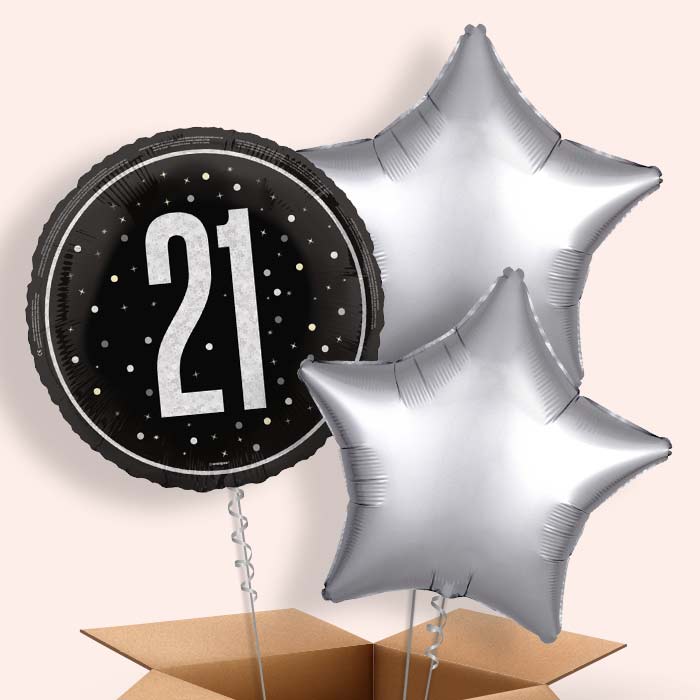 Black and Silver 21st Birthday Foil Balloon in a Box - 3 Balloon | Small Indoor Plants