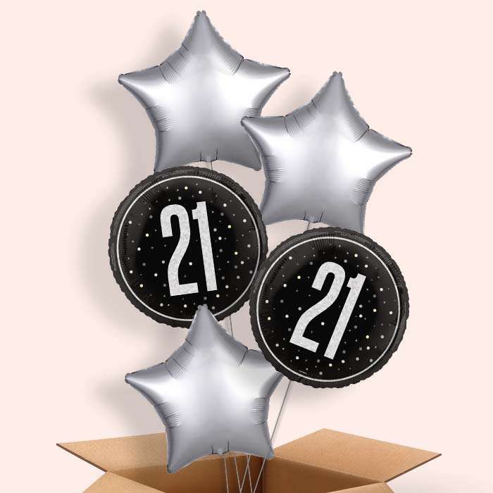 Black and Silver 21st Birthday Foil Balloon in a Box - 5 Balloon | Small Indoor Plants