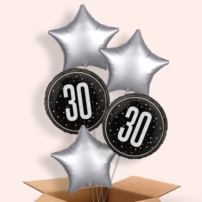Black and Silver 30th Birthday Foil Balloon in a Box - 5 Balloon | Small Indoor Plants