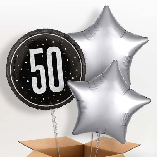 Black and Silver 50th Birthday Foil Balloon in a Box - 3 Balloon | Small Indoor Plants