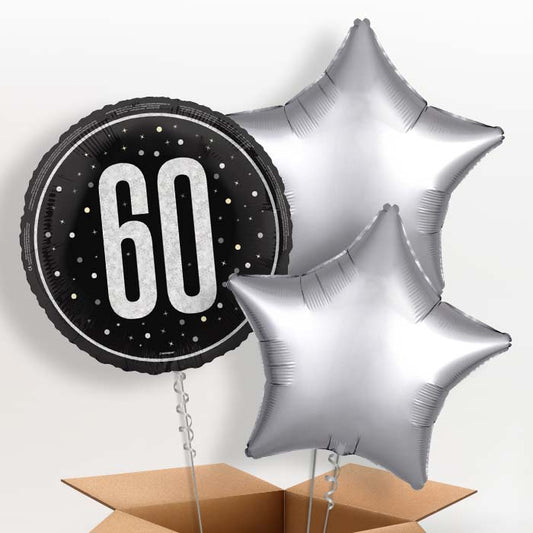 Black and Silver 60th Birthday Foil Balloon in a Box - 3 Balloon | Small Indoor Plants