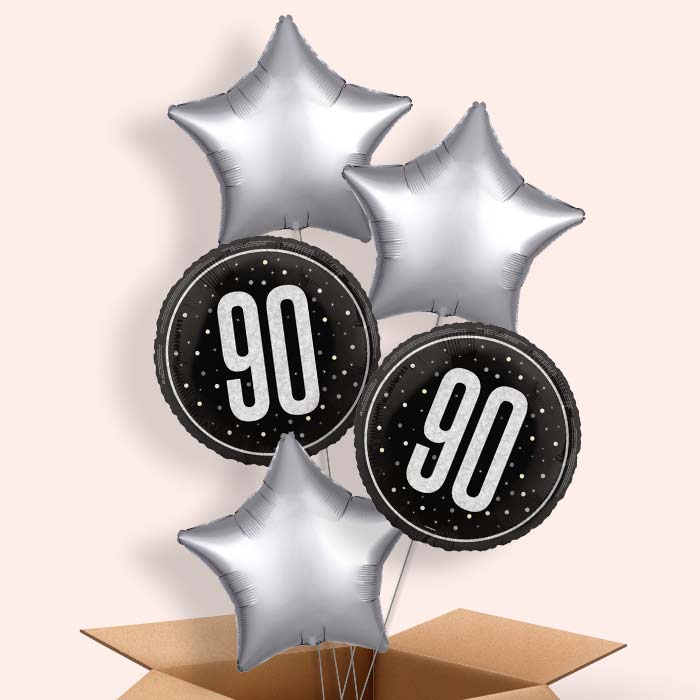 Black and Silver 90th Birthday Foil Balloon in a Box - 5 Balloon | Small Indoor Plants