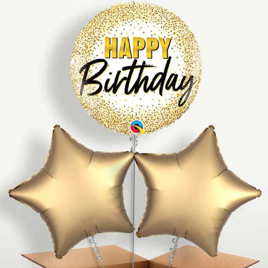 Gold Glitter Happy Birthday Trio Balloon Bunch | Small Indoor Plants