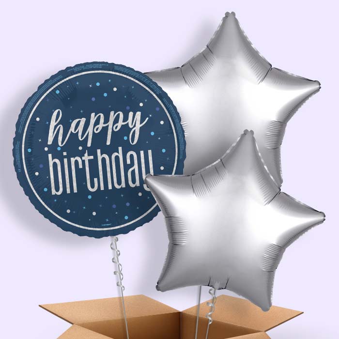 Navy Blue and Silver Happy Birthday Foil Balloon in a Box - 3 Balloon | Small Indoor Plants