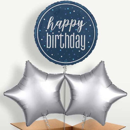 Navy Blue & Silver Happy Birthday Balloon Bunch | Small Indoor Plants