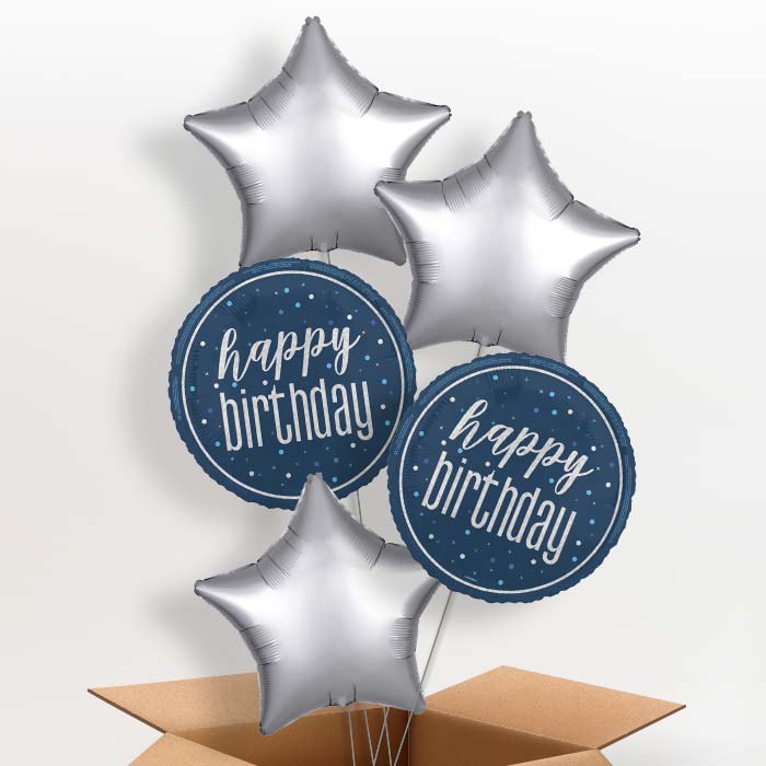 Navy Blue and Silver Happy Birthday Foil Balloon in a Box - 5 Balloon | Small Indoor Plants