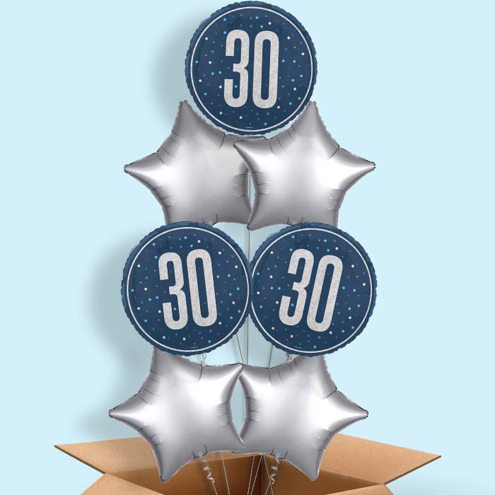 Navy Blue and Silver 30th Birthday Foil Balloon in a Box - 7 Balloon | Small Indoor Plants