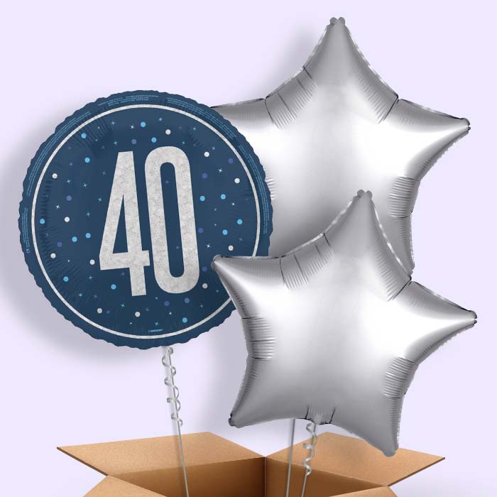 Navy Blue and Silver 40th Birthday Foil Balloon in a Box - 3 Balloon | Small Indoor Plants