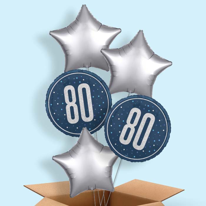 Navy Blue and Silver 80th Birthday Foil Balloon in a Box - 5 Balloon | Small Indoor Plants